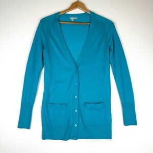 Halogen V-Neck Long Merino Wool Blend Button Cardigan
